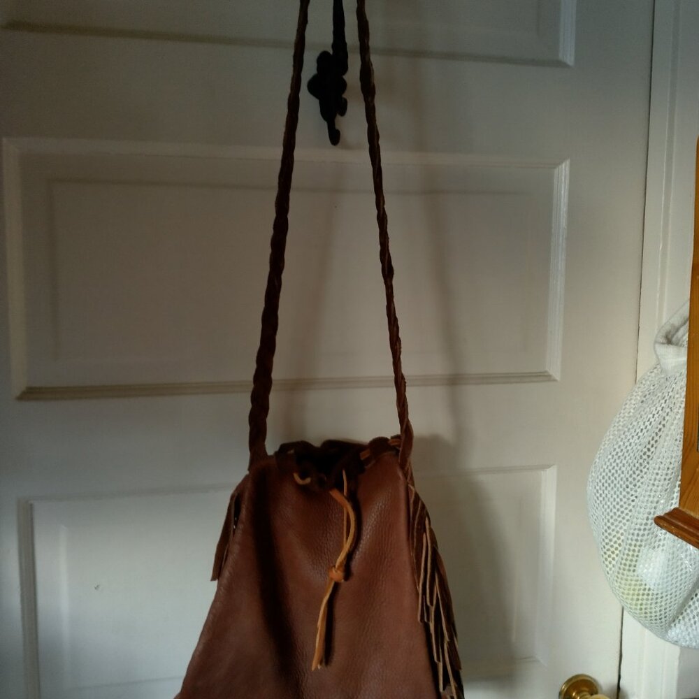 Deerskin fringed leather drawstring purse, 11.75" , soft, perfect condition